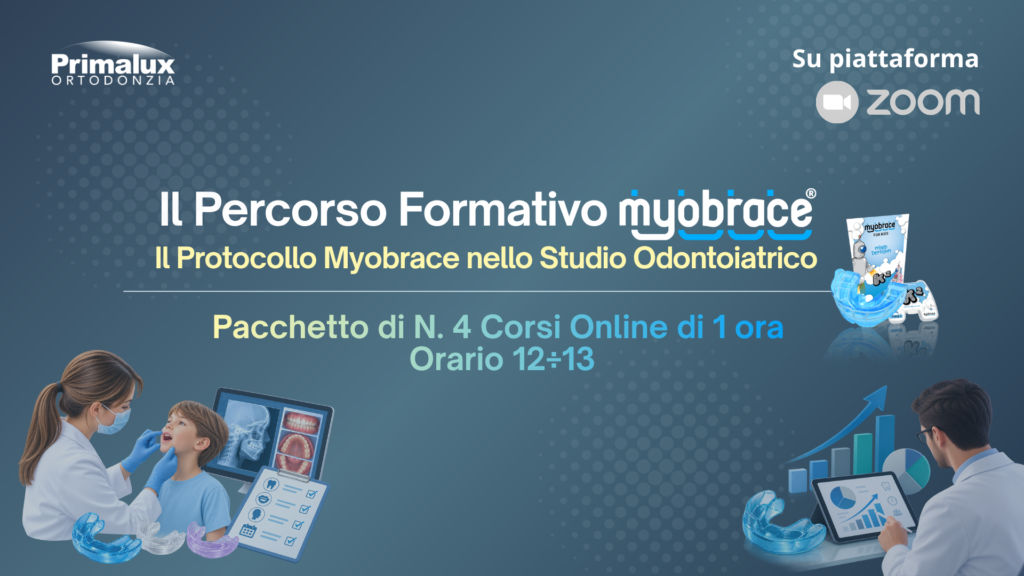 Corso online Myobrace di 4 sessioni da un'ora, dedicato al protocollo odontoiatrico, su Zoom.