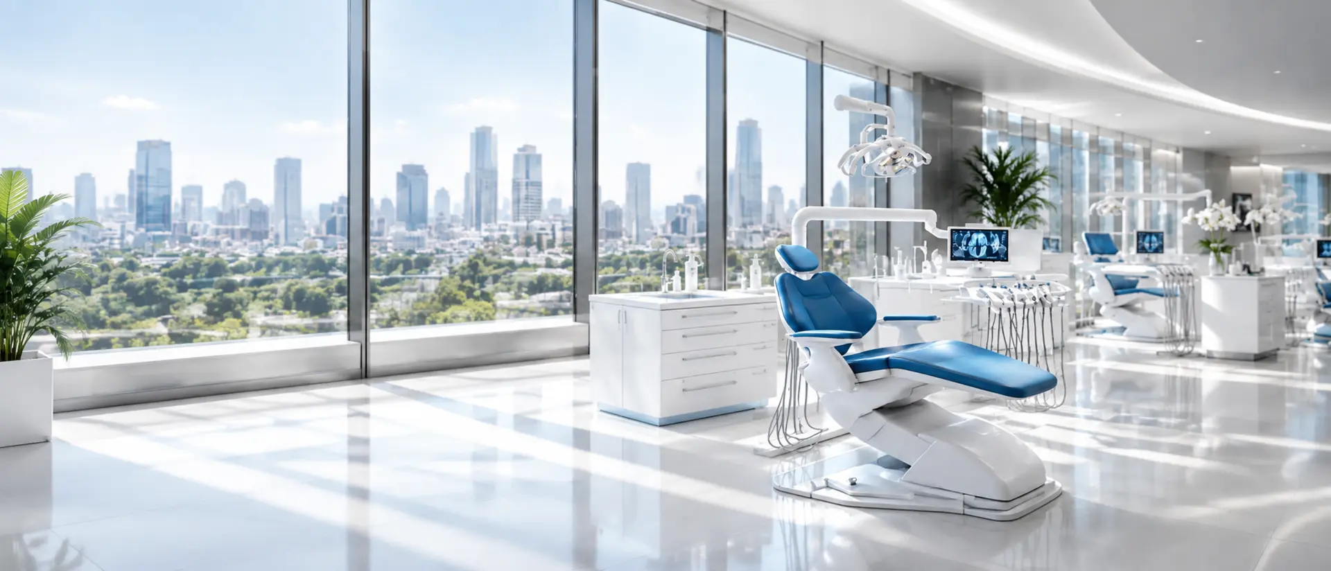 Studio odontoiatrico moderno attrezzato con poltrona dentistica blu